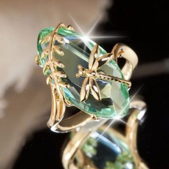 🍁Super Large Oval Crystal Clear Zircon Dragonfly Gold Rings for Women,EV… - Picture 1 of 8